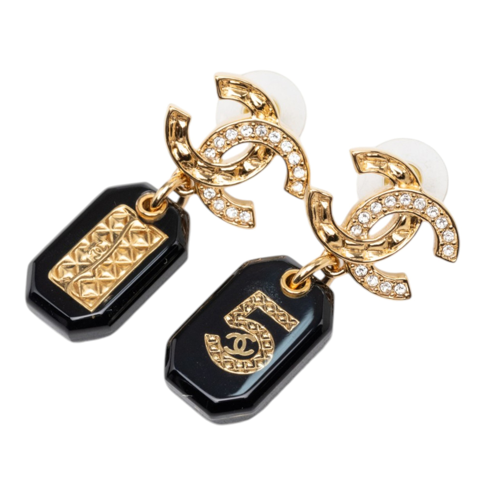 Pre-Loved Chanel CC Gold Plated Strass and Resin No 5 Drop Push Back Earrings